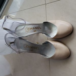 Chanel lucite clear and beige heels, size 36.